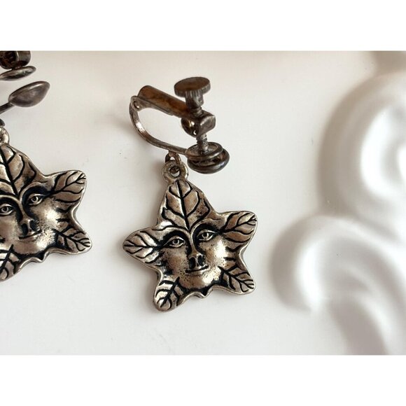 Textured Tree Spirit Vintage Star & leaf Silver T Pewter Screw Back Earrings - Picture 3 of 9